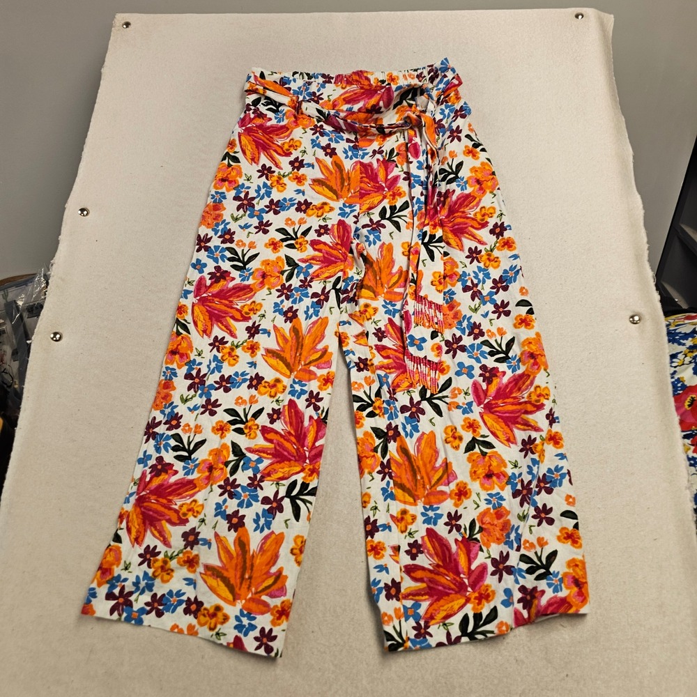 Joie Floral Linen Blend Wide Leg Crop Pants Beaded Belt Multicolor Size 8